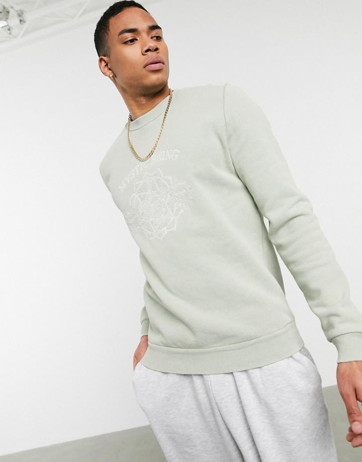 Asos Design Sweatshirt In Washed Green With Mystic Embroidery
