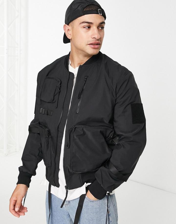 Bershka Multipocket Bomber Jacket In Black