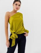 Asos Design One Shoulder Top With Knot Front Detail In Satin - Green