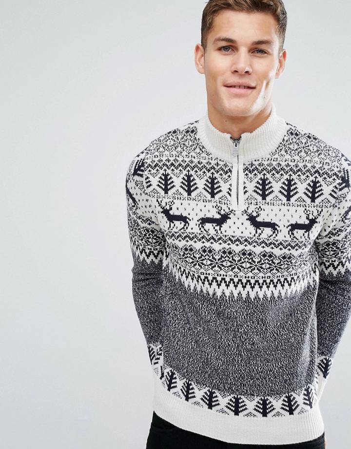 Threadbare Reindeer Jacquard Holidays Sweater - Cream