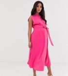 Asos Design Maternity Split Cap Sleeve High Neck Midi Dress With Skater Skirt-pink