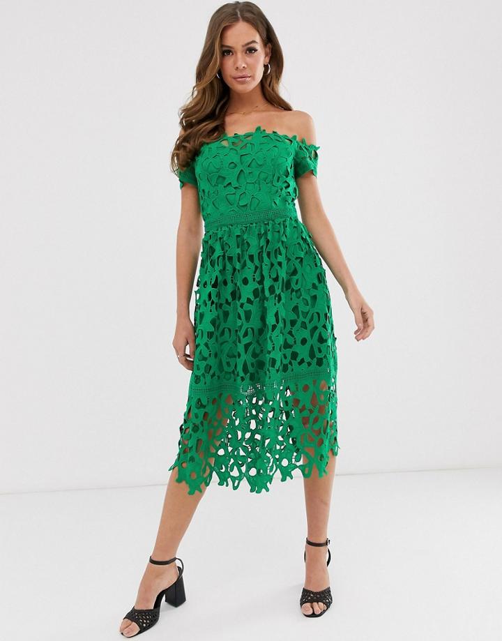 Chi Chi London Bardot Lace Midi Dress In Green - Green