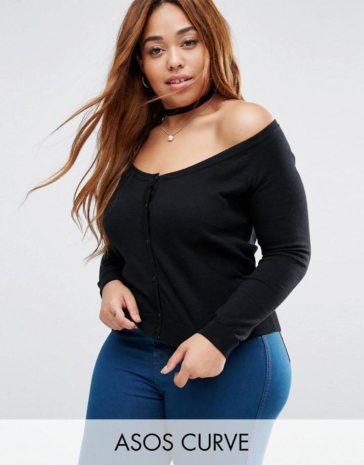 Asos Curve Cardigan In Fine Knit Off Shoulder Shape - Black
