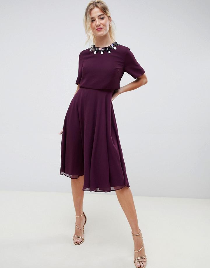 Asos Design Midi Dress With 3d Embellished Neckline - Red