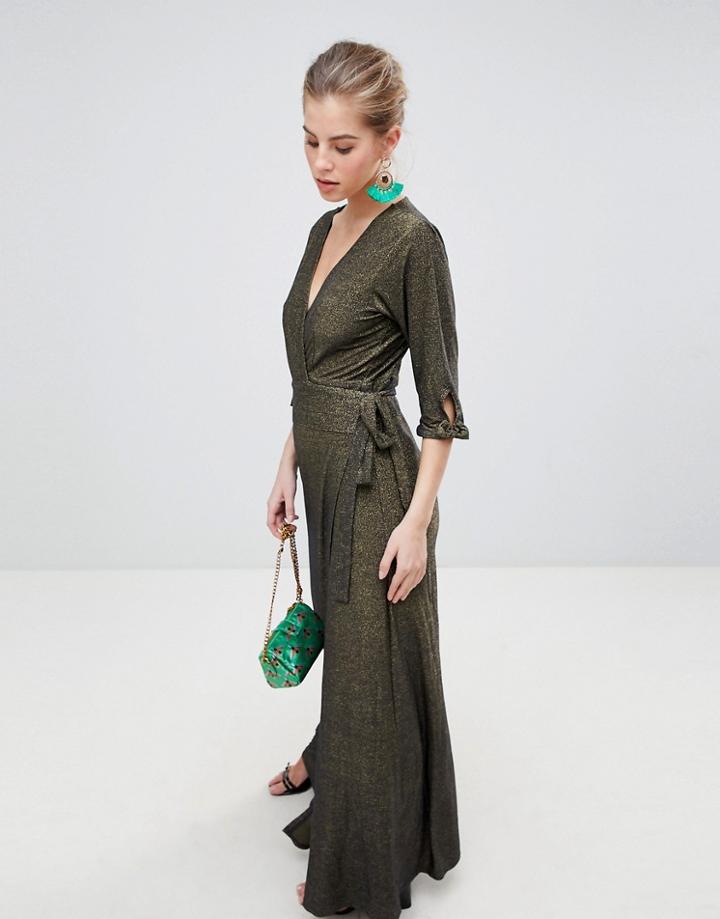 Traffic People V Neck 3/4 Sleeve Wrap Maxi Dress - Black