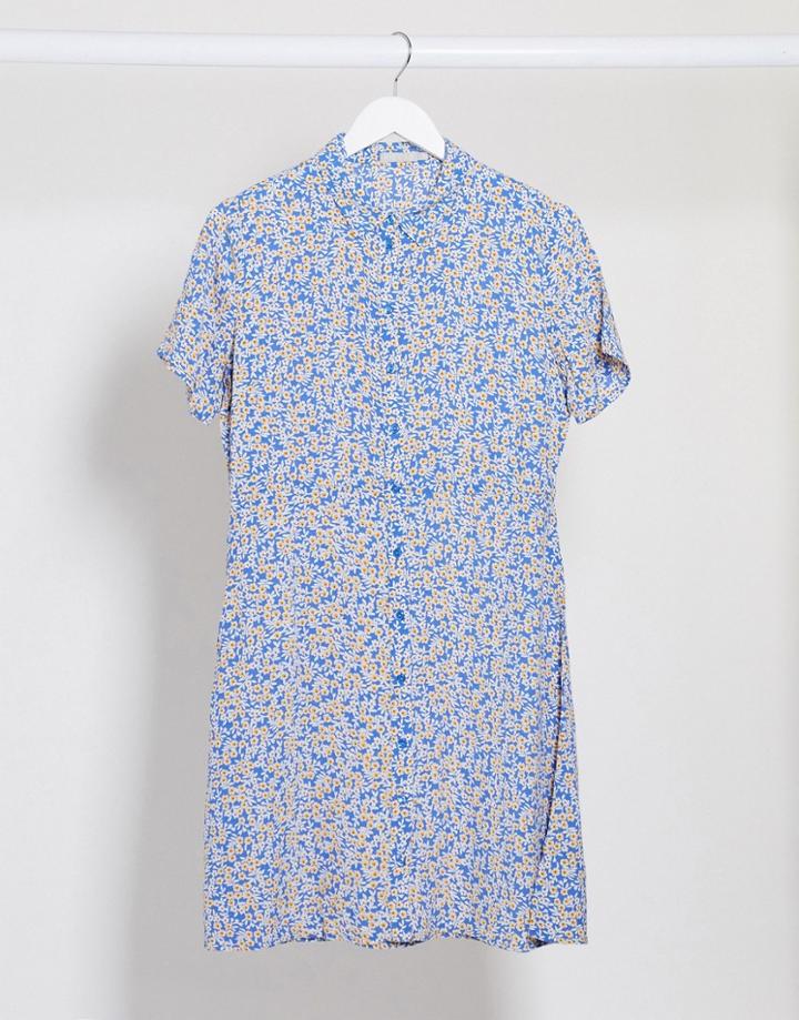 Pieces Skater Shirt Dress In Blue Ditsy Floral-multi