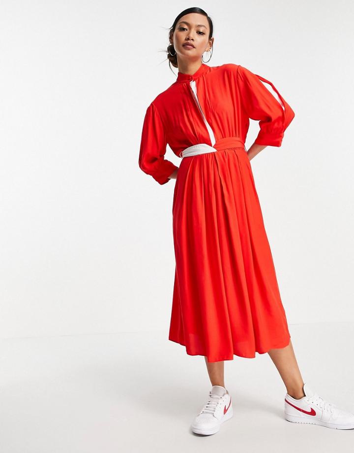 French Connection Aiden Drape Contrast Midi Dress In Red