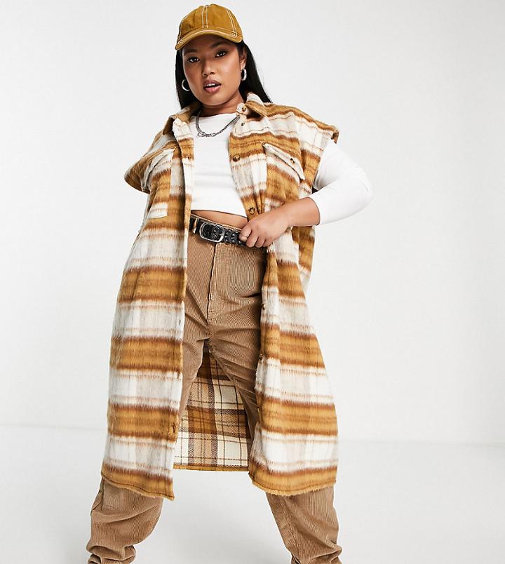 Noisy May Curve Midi Sleeveless Jacket In Tan Check-white