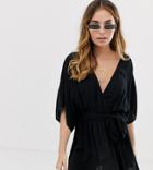 Asos Design Petite Plunge Tie Waist Kimono Sleeve Crinkle Beach Cover Up In Black - Black