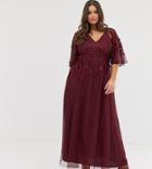 Asos Design Curve Flutter Sleeve Maxi Dress In Embroidered Mesh - Red