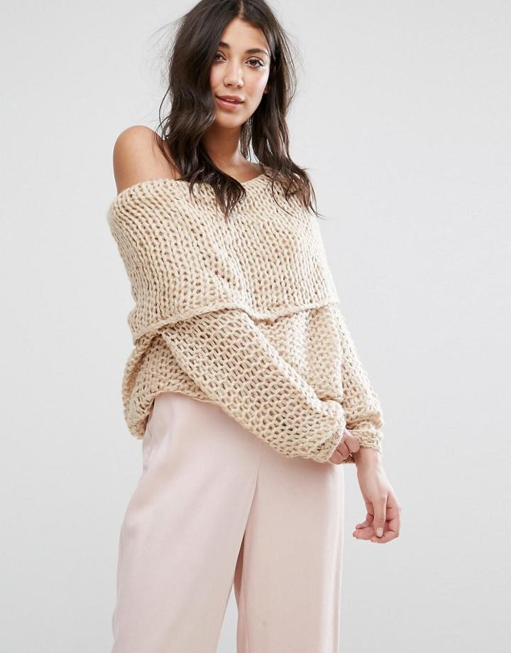 Lavand Bardot Chunky Knit Sweater - Beige