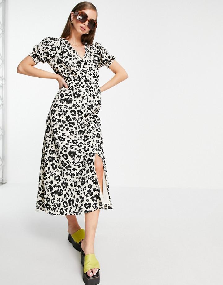 River Island Leopard Print Button Through Midi Dress In Brown