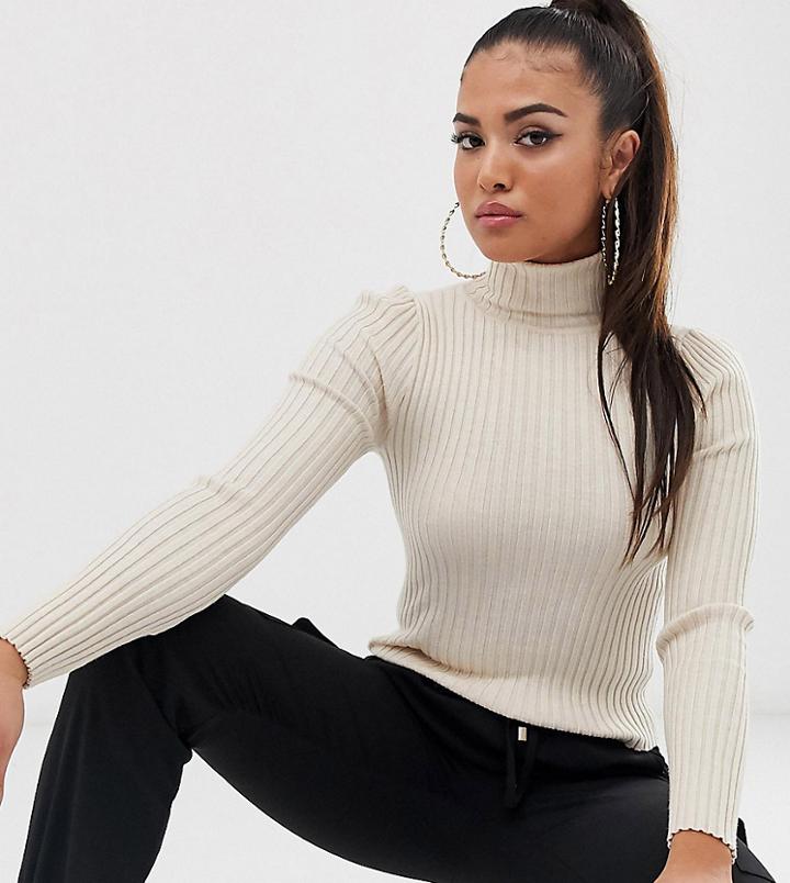 Asos Design Petite Roll Neck Sweater In Fine Knit Rib - Stone