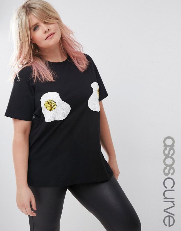 Asos Curve T-shirt With Sequin Fried Eggs - Black