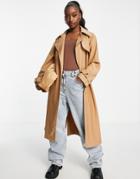 Aria Cove Full Oversized Maxi Trench Coat With Tie Waist Detail In Tan-neutral