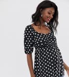 Asos Design Maternity Ruched Smock Top With Sweetheart Neck In Polka Dot-black