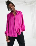 Asos Design Satin Shirt With Volume Blouson Sleeves In Bright Pink