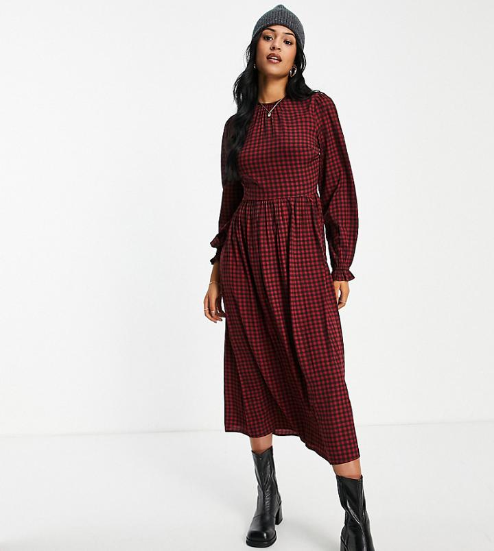 New Look Tall Midi Smock Dress In Red Check