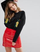 Daisy Street Crop Sweatshirt With Floral Embroidery - Black