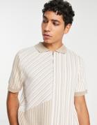 Topman Knitted Splice Zip Polo In Stone-neutral