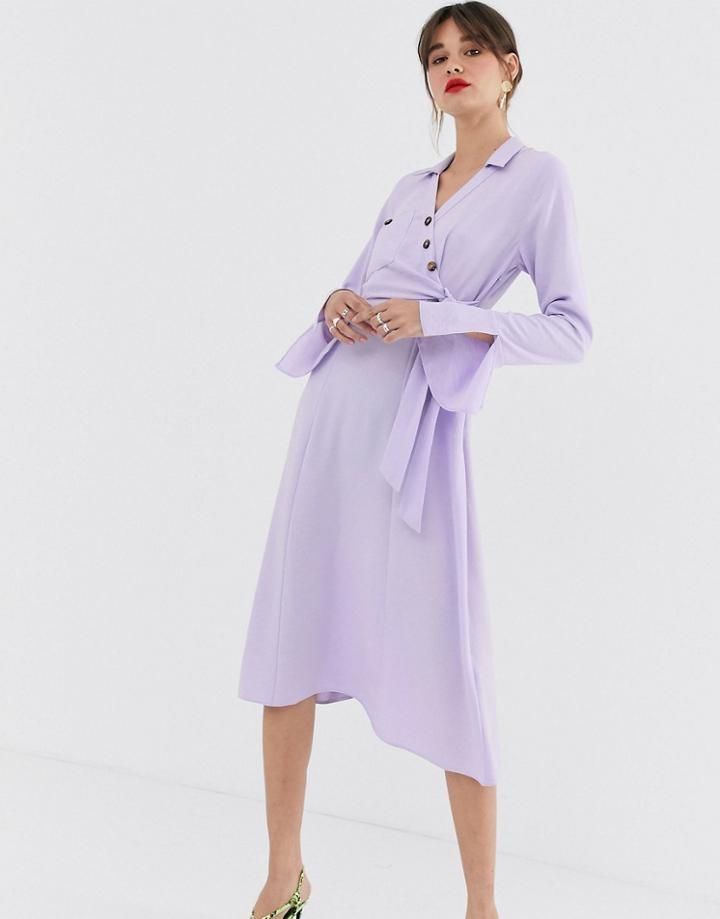Asos Design Button Through Wrap Midi Shirt Dress - Purple