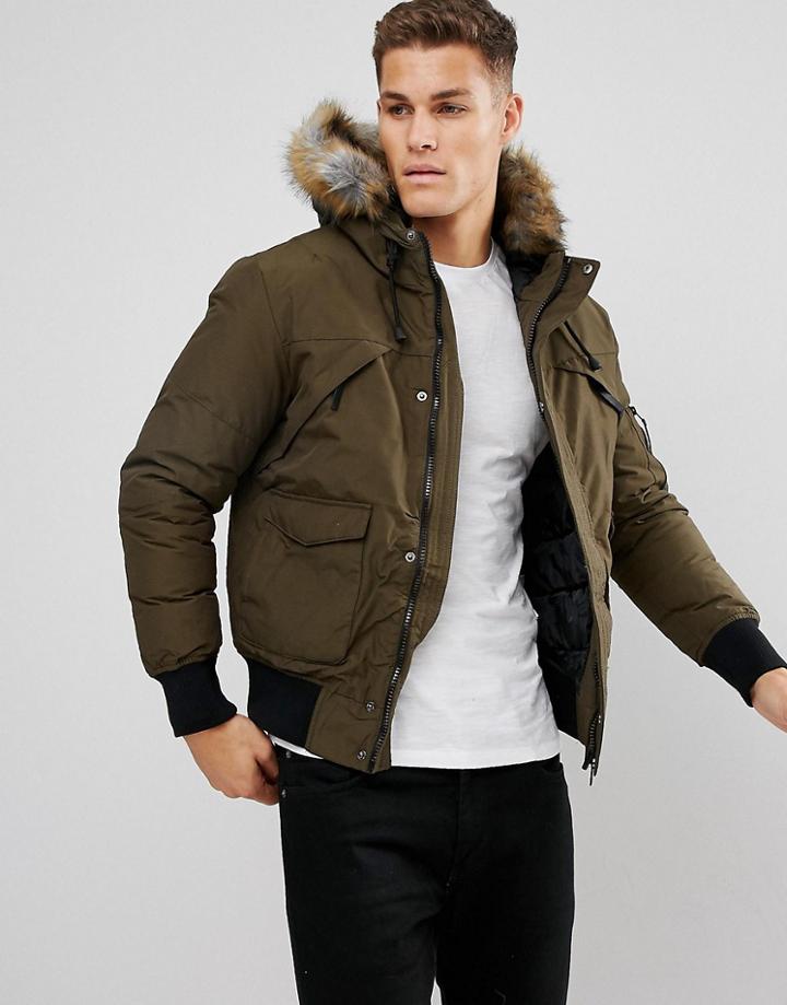 Bershka Short Bomber Jacket With Fur Hood In Khaki - Green