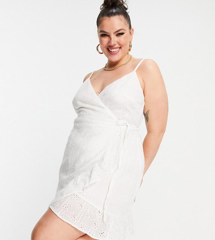 Asos Design Curve Tie Wrap Around Mini Sundress In Broderie In White