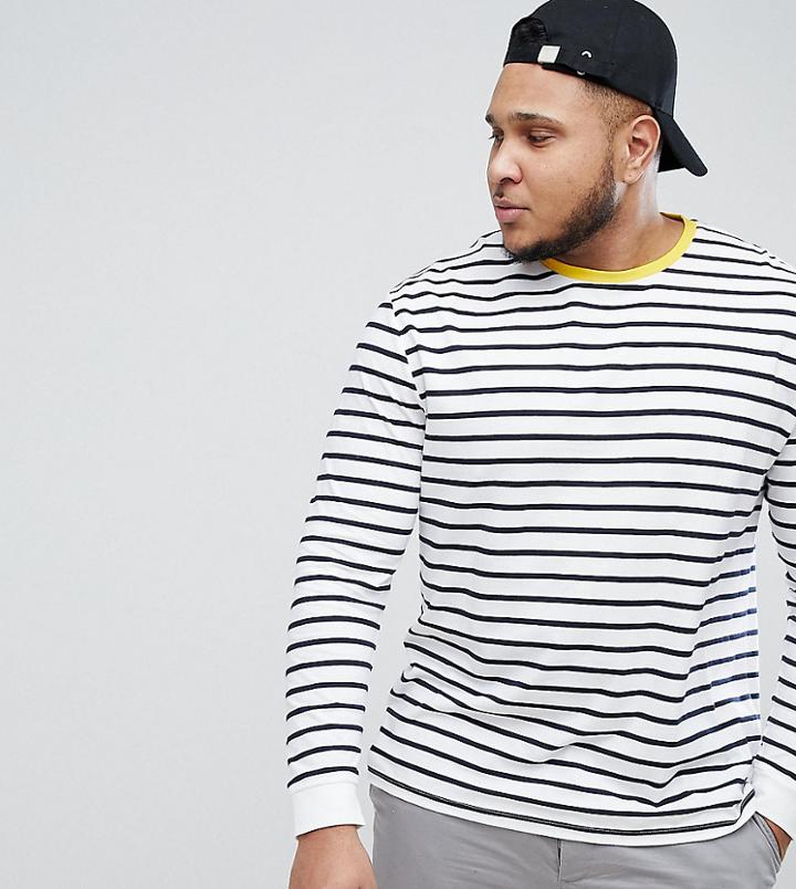 Asos Design Plus Stripe Relaxed Long Sleeve T-shirt In White And Navy With Contrast Ringer - White