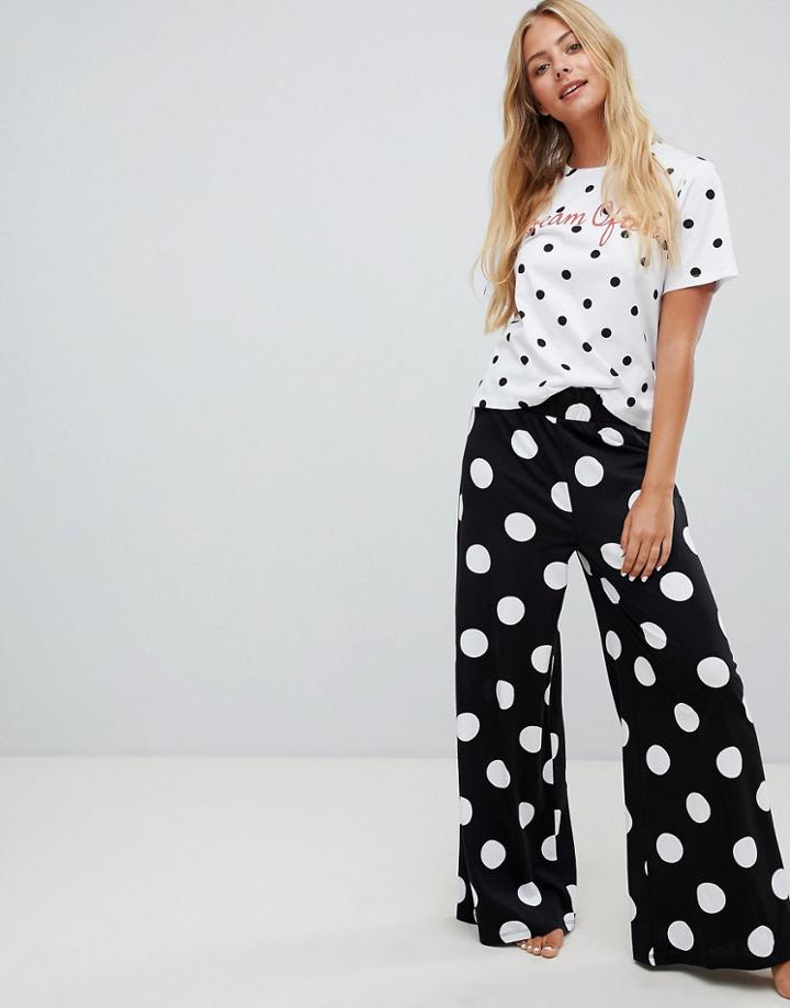Asos Design Dream Often Embroidered Polka Dot Wide Leg Pyjama Set - Black