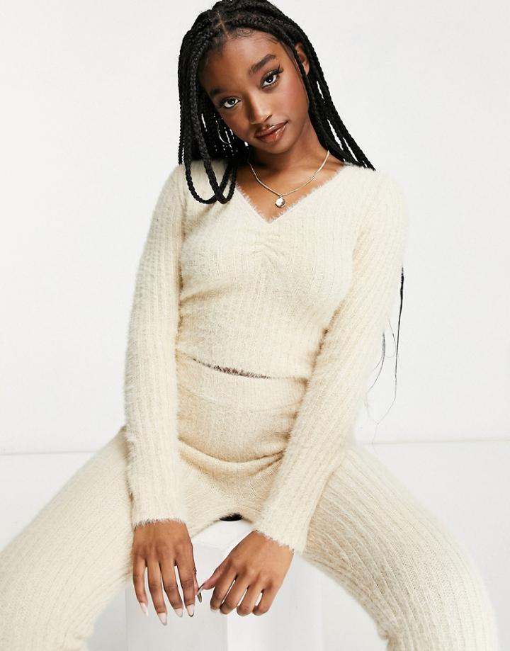 Missguided Loungwear Fluffy Ribbed Long Sleeve Top In Stone- Part Of A Set-neutral