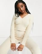 Missguided Loungwear Fluffy Ribbed Long Sleeve Top In Stone- Part Of A Set-neutral