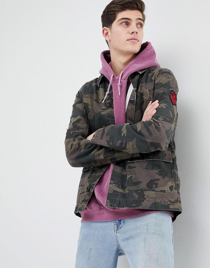Asos Worker Jacket With Badges In Camo - Green