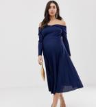 Asos Design Maternity Pleated Bardot Midi Dress-navy