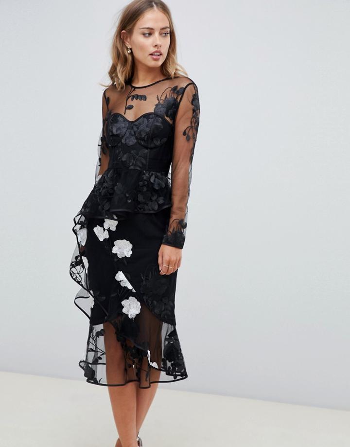 Asos Design Long Sleeve Midi Dress With Embroidered Flowers And Ruffle Detail-black