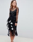 Asos Design Long Sleeve Midi Dress With Embroidered Flowers And Ruffle Detail-black