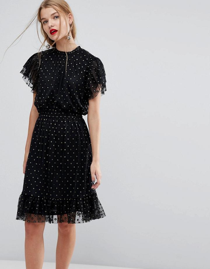 Y.a.s Metallic Spot Mesh Skater Dress - Black