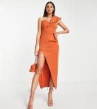 Asos Design Tall One Shoulder Tuck Body-conscious Pencil Midi Dress In Rust-red