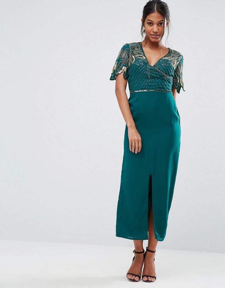 Virgos Lounge Wrap Front Embellished Midi Dress - Green