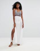 Liquorish Heavy Embroidered Maxi Beach Dress With Metail Ring Detail Back - White