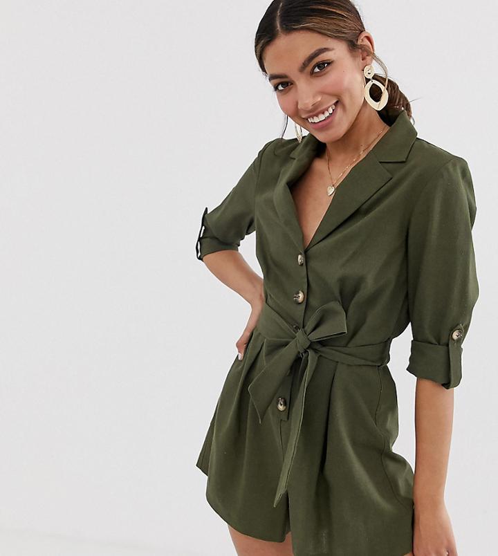 Miss Selfridge Linen Utility Romper In Khaki - Green