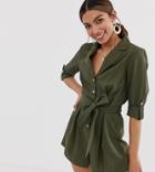 Miss Selfridge Linen Utility Romper In Khaki - Green