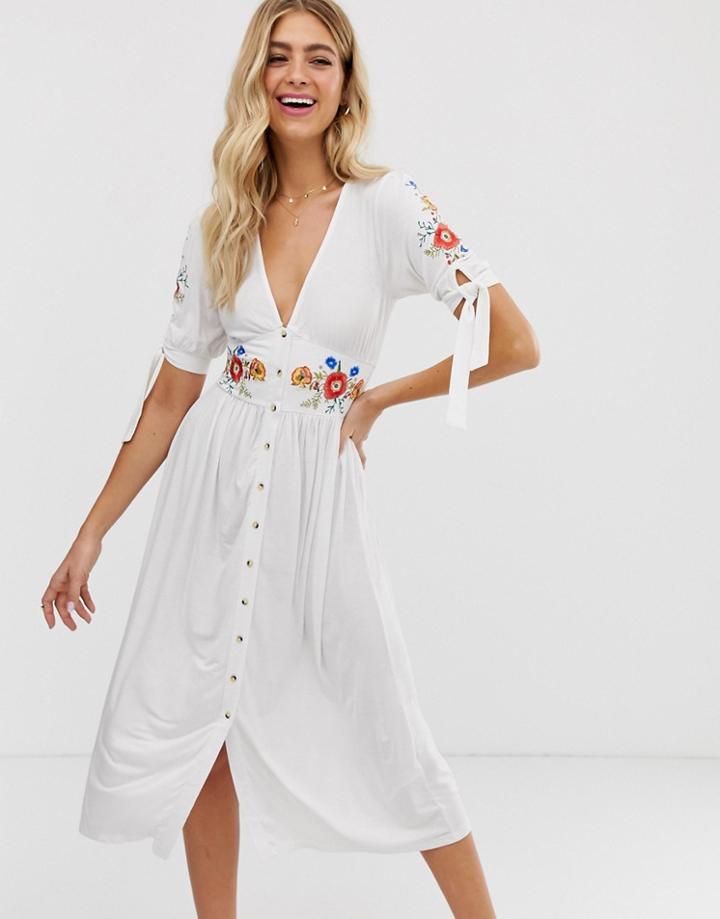 Asos Design Embroidered Midi Button Through Tea Dress - White
