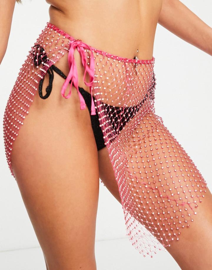 Asos Design Diamante Mesh Tie Beach Sarong In Pink