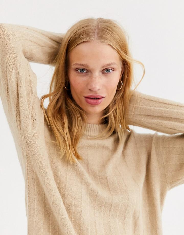 Monki Ribbed Crew Neck Sweater In Beige-white