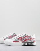 Love Moschino Lace Up Sneakers In Multi Logo Print In White