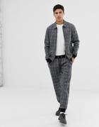 Asos Design Tracksuit Harrington Jacket / Tapered Joggers In Check With Piping - Gray