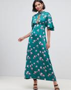 Liquorish Kimono Sleeve Maxi Dress With Keyhole And In Floral Print-green