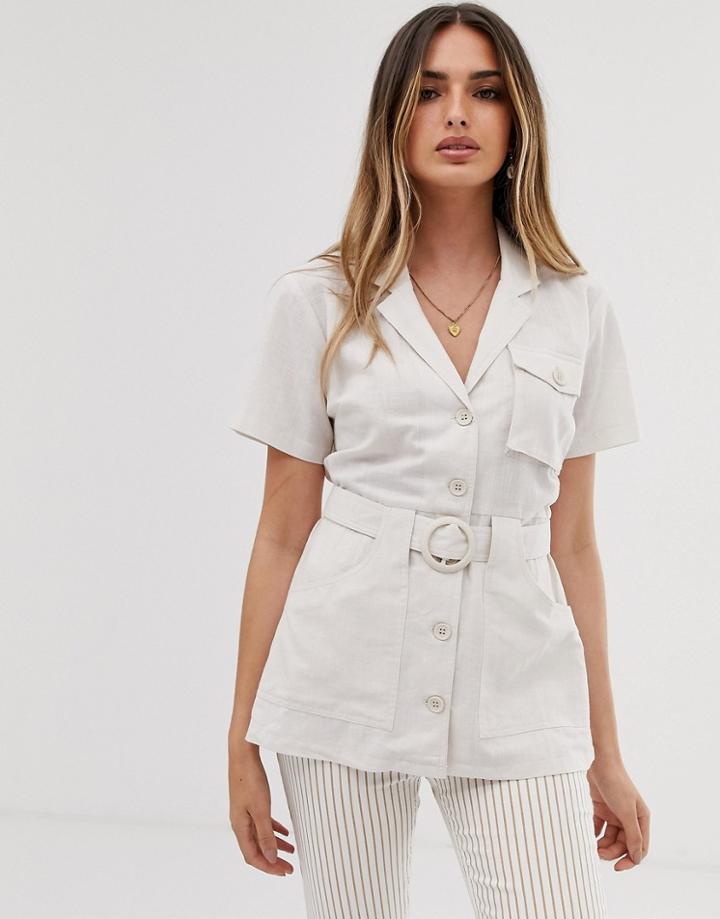 Asos Design Short Sleeve Longline Utility Shirt With Belt Detail-white
