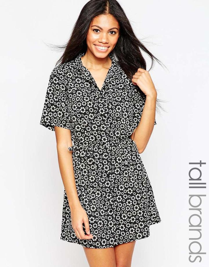 Influence Tall Shirt Dress With Waist Tie In Ditsy Daisy Print - Black
