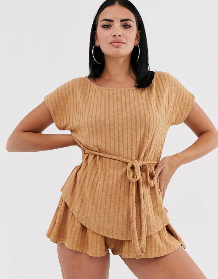 Asos Design Mix & Match Lounge Off Shoulder Top With Tie-tan